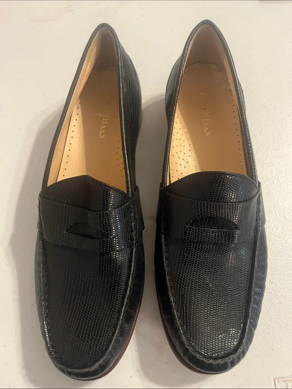 Cole Haan Black Lizard-Embossed Leather Penny Loafers